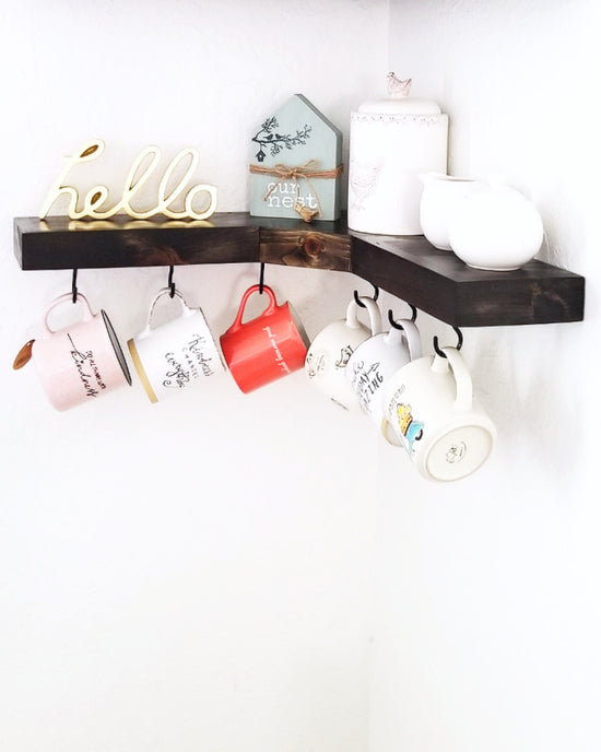 Corner floating shelf,mug corner shelf,wall hanging,cup holder,mug shelf,farmhouse corner floating shelf, corner floating shelves, wall hangings