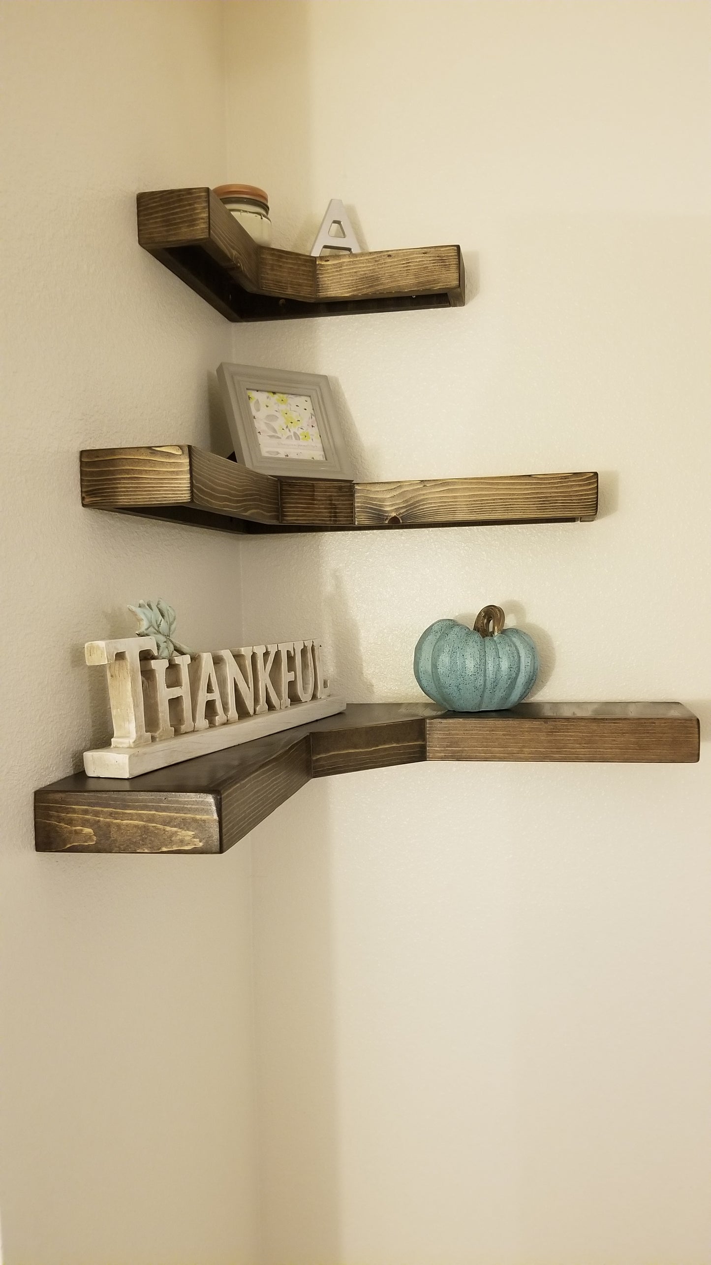 Corner Floating Shelves | knotty pine
