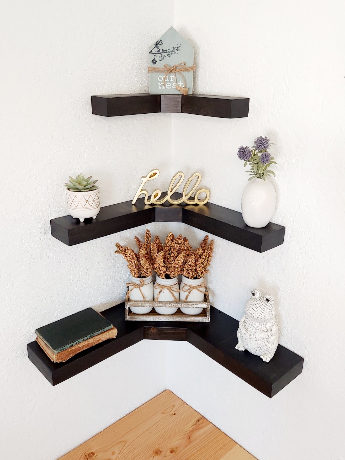 Corner Floating Shelves | knotty pine