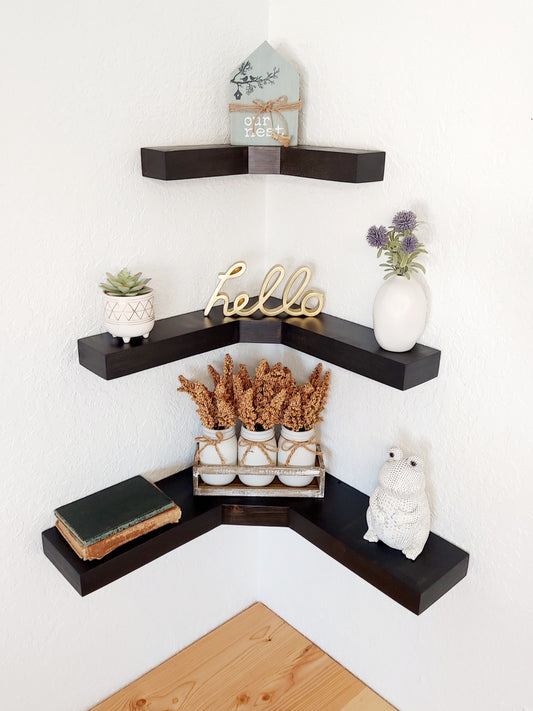 Corner Floating Shelves | knotty pine