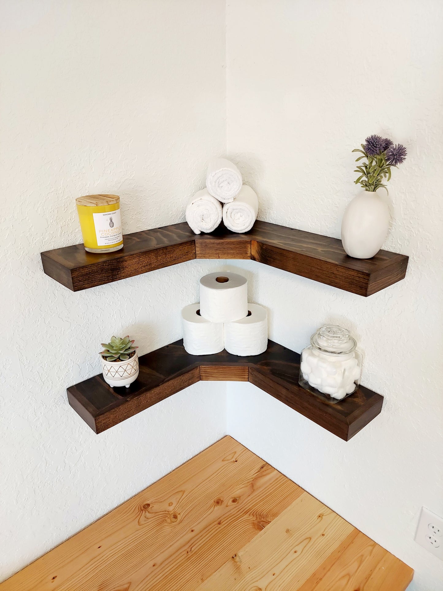 Corner Floating Shelves | knotty pine
