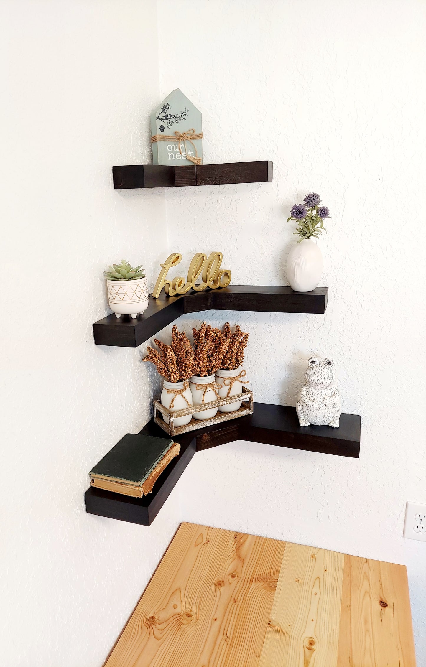 Corner Floating Shelves | knotty pine