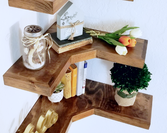 Deep Corner Floating Shelves | knotty pine