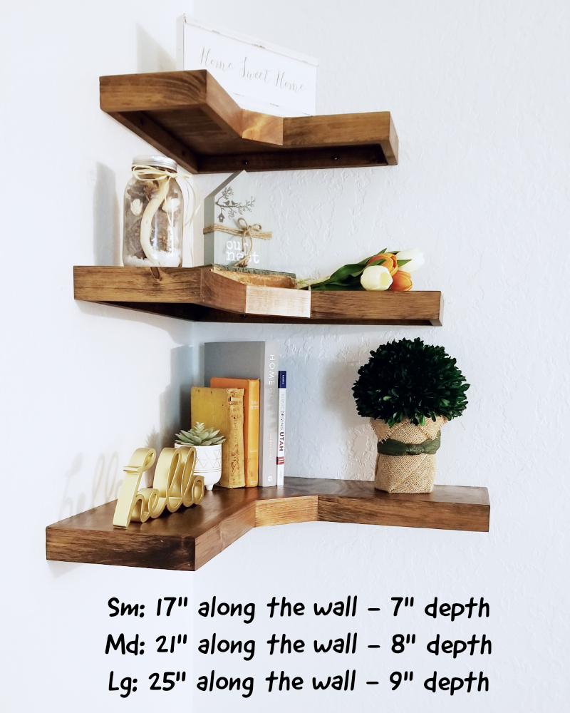 Deep Corner Floating Shelves | knotty pine