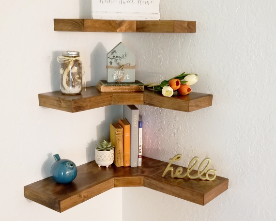 Deep Corner Floating Shelves | knotty pine