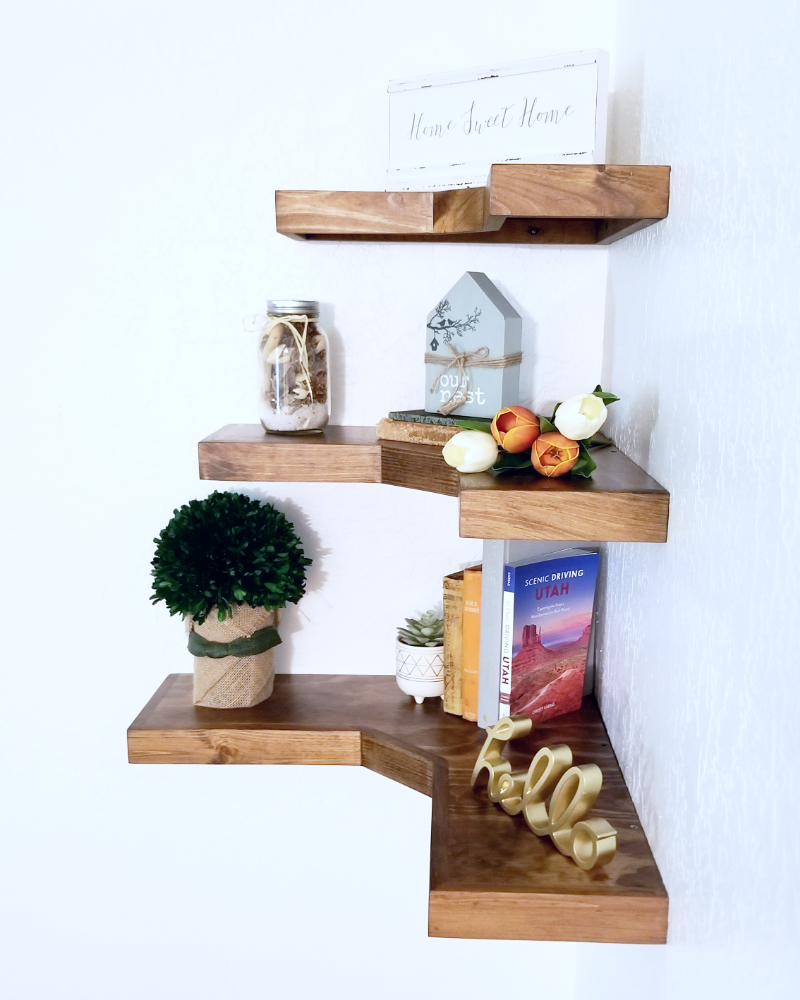 Deep Corner Floating Shelves | knotty pine