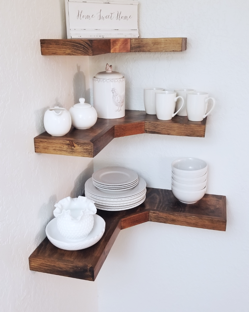 Deep Corner Floating Shelves | knotty pine