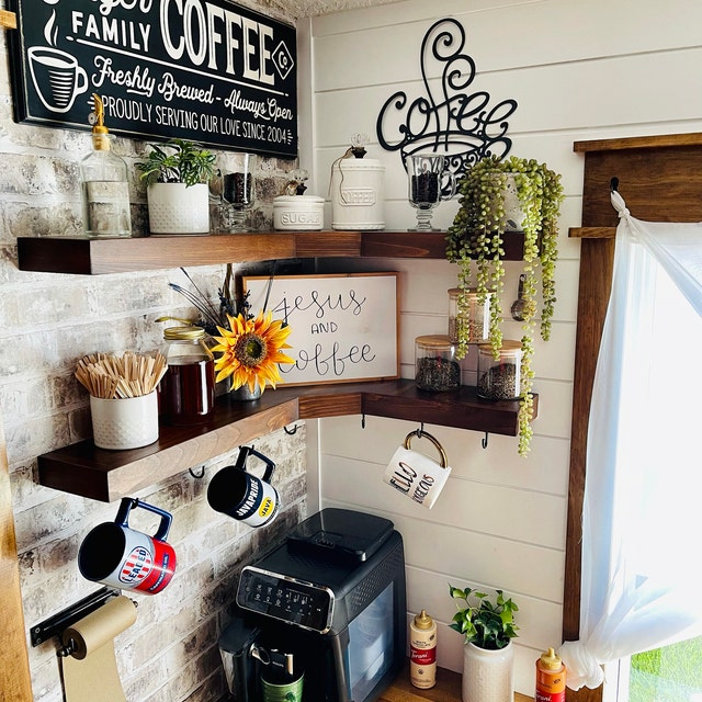 Coffee Mug Holder Corner Shelve | knotty pine
