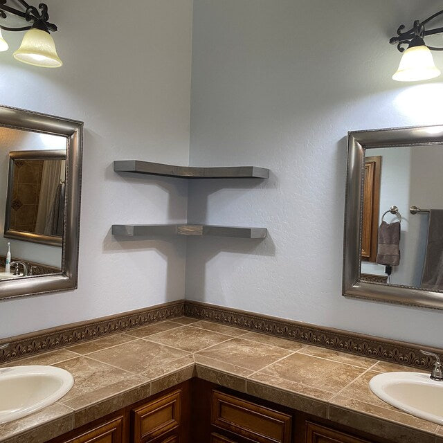 Deep Corner Floating Shelves | knotty pine