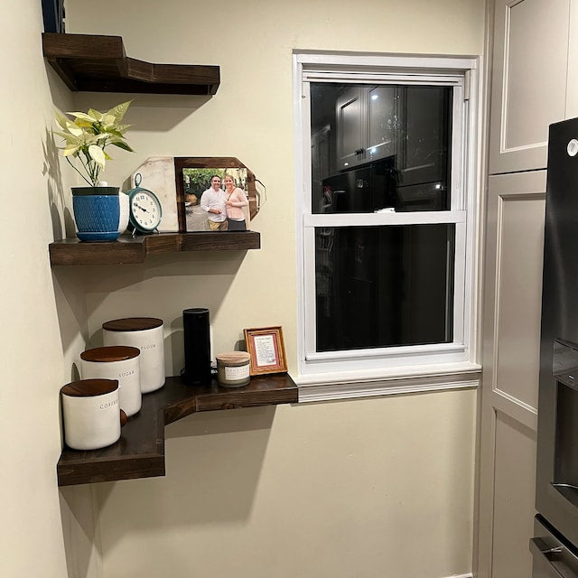 Deep Corner Floating Shelves | knotty pine