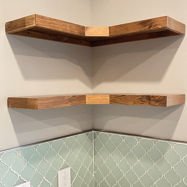 Deep Corner Floating Shelves | knotty pine