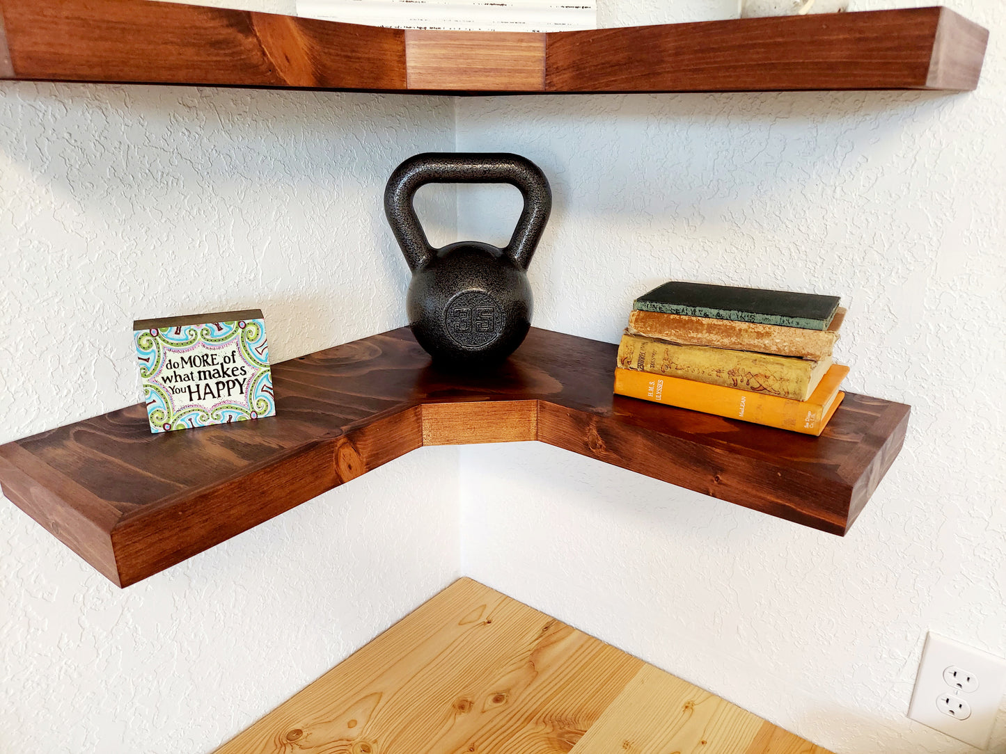 Deep Corner Floating Shelves | knotty pine