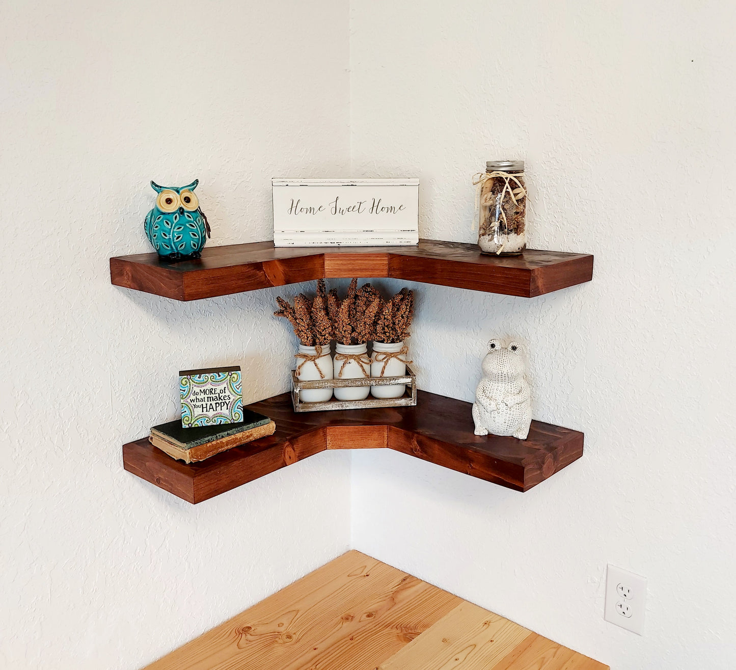 Deep Corner Floating Shelves | knotty pine