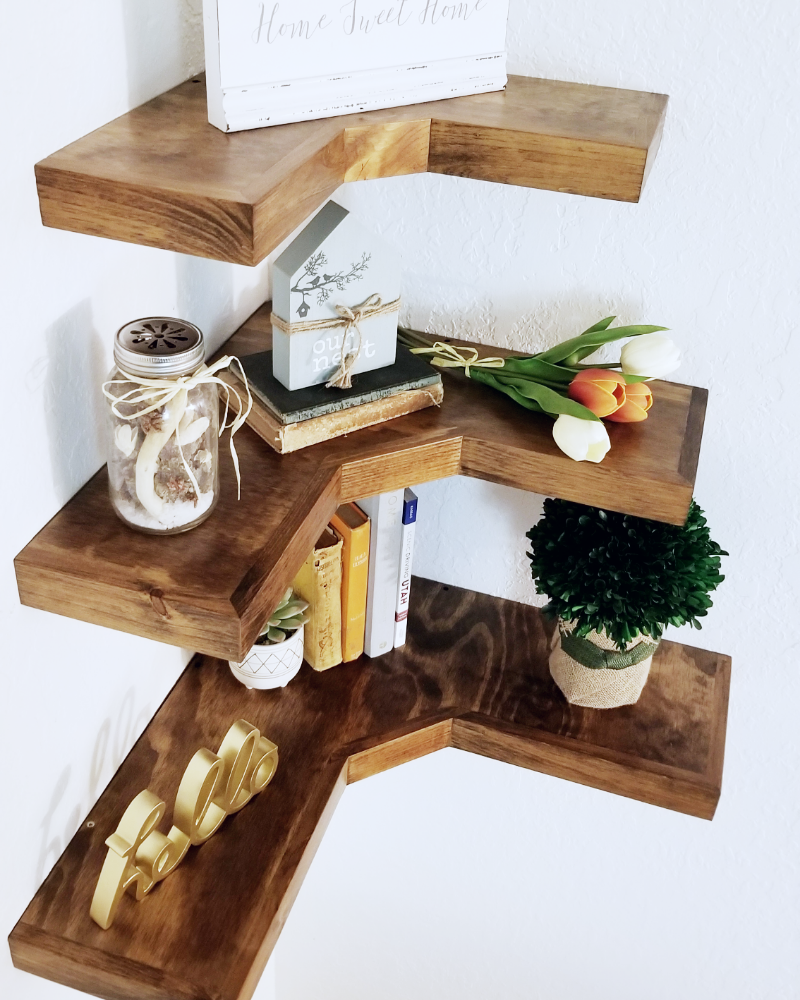 Deep Corner Floating Shelves | knotty pine