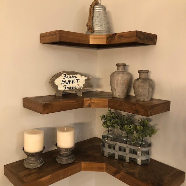 Deep Corner Floating Shelves | knotty pine