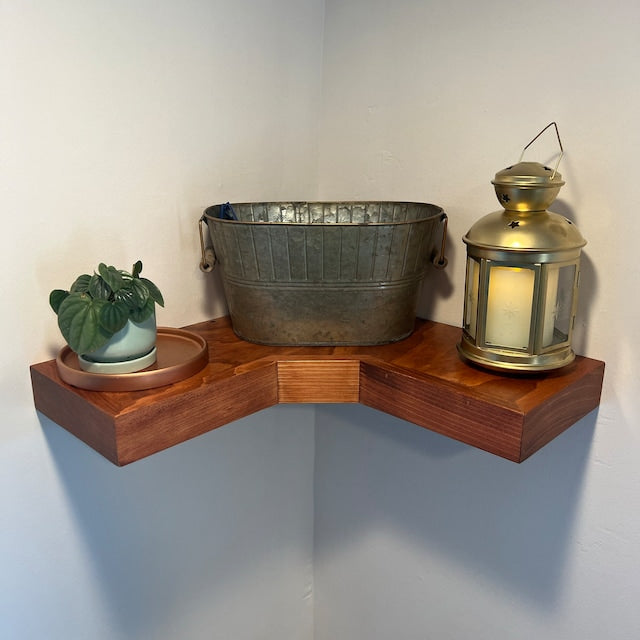 Deep Corner Floating Shelves | knotty pine